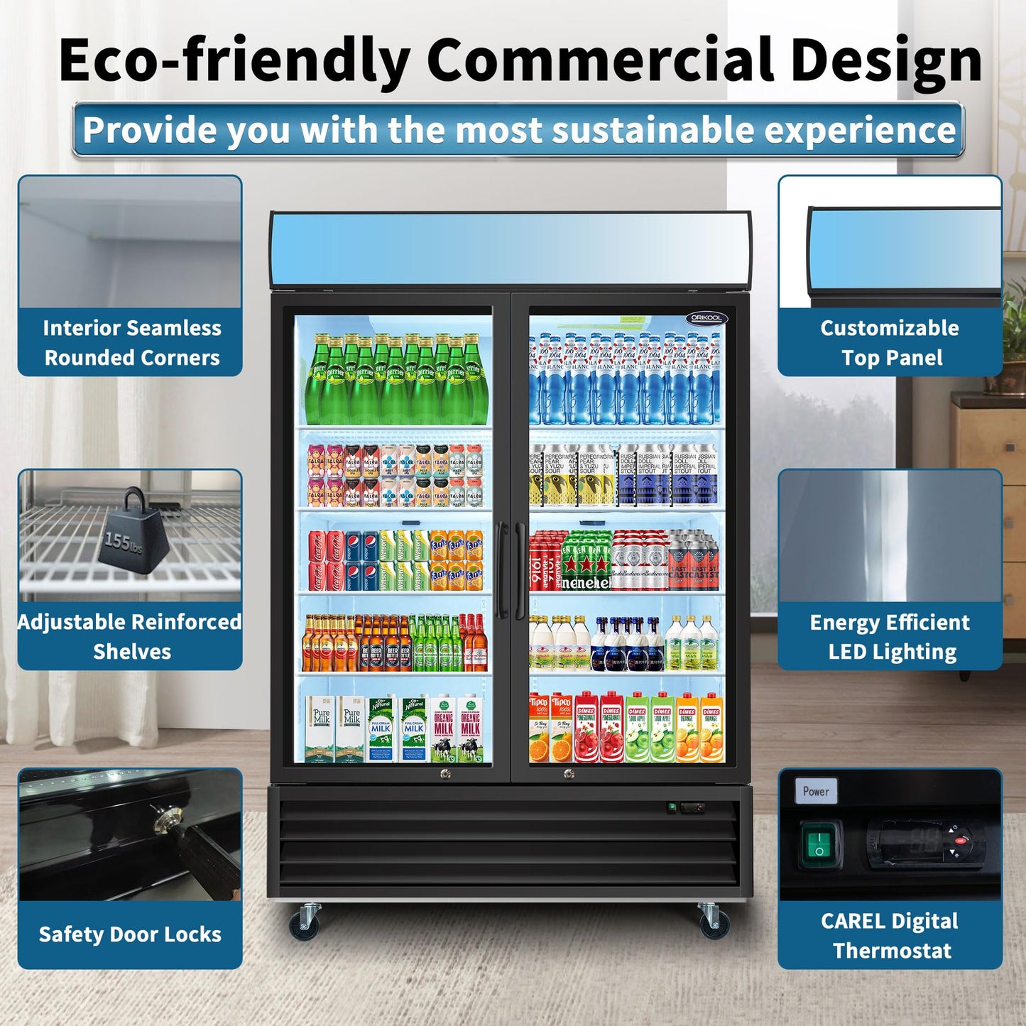 44.7 Cu.ft Glass Door Display Commercial Refrigerator,Beverage Refrigerators with Adjustable Shelves and Defrost System,LED Light,4 Universal Casters,for Restaurant Grocery Stores Home,Black