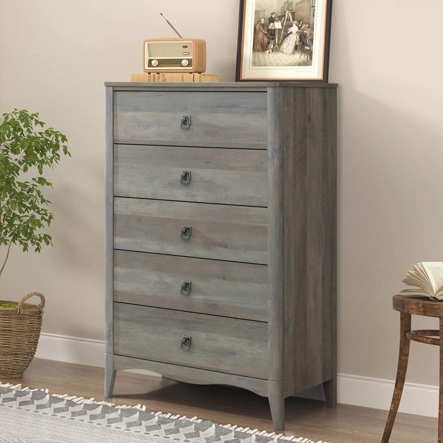 ELISA HOME Celine 5 Drawers Dresser for Bedroom, 47" Tall Modern Chest of Drawers, Wood Drawer Organizer for Clothes, Entryway, Hallway, Nursery or Living Room, Gray