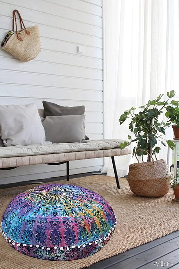 Shubhlaxmifashion Mandala Floor Pillow Cushion Seating Throw Cover Hippie Decorative Bohemian Ottoman Poufs, Pom Pom Pillow Cases,Boho Indian (32 Inches, Multi Tie Dya)