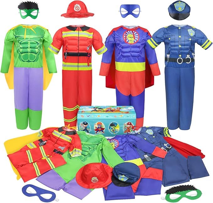 Teuevayl Boys Muscle Chest Dress up Costumes Trunk with Superhero, Policeman, Fireman Costume, Kids Pretend Role Play Cost...
