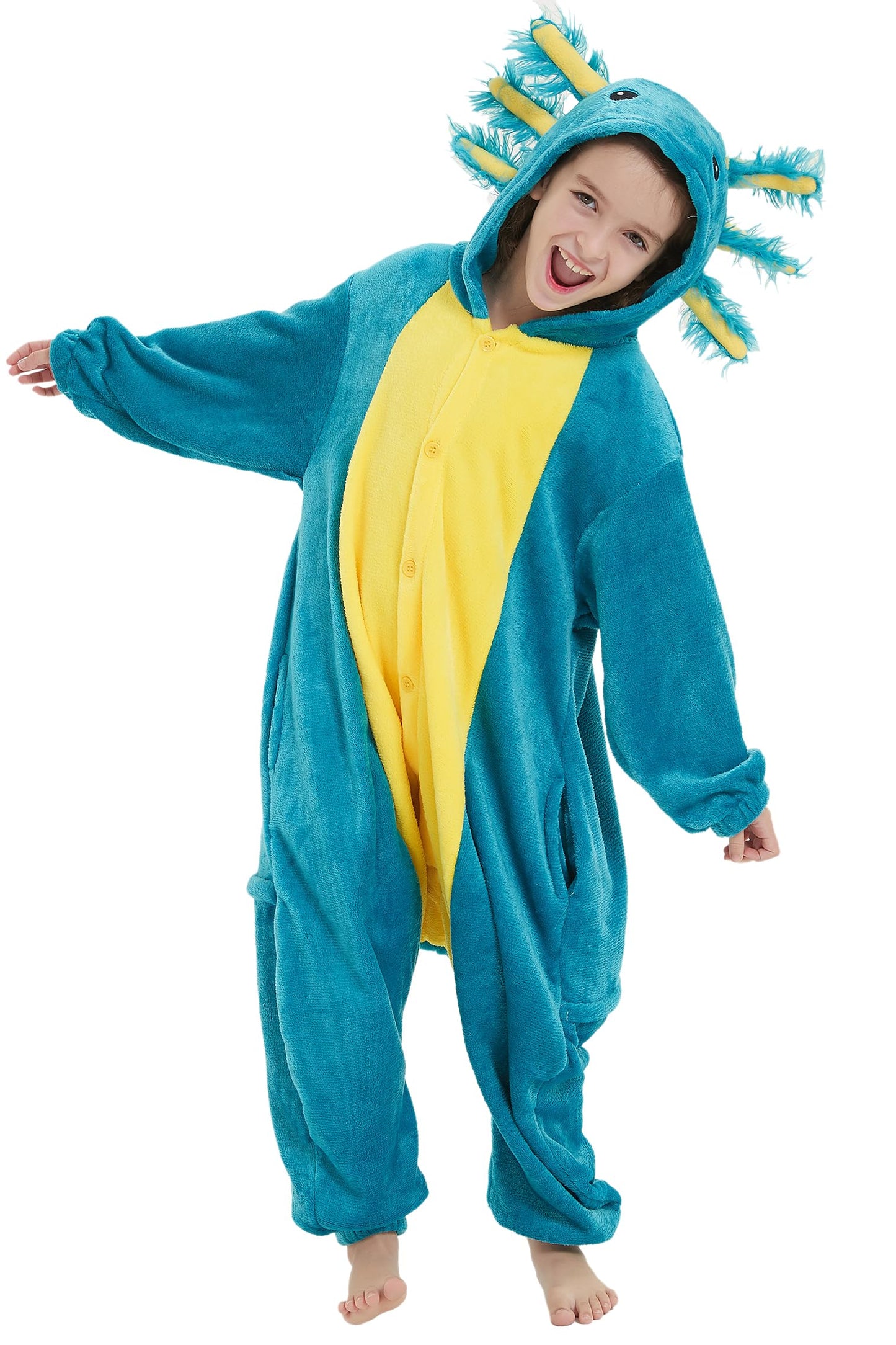 DELEY Unisex Adult Axolotl Onesie Pajamas, Flannel Animal One Piece Costume Sleepwear Halloween Cosplay Homewear Blue Axolotl
