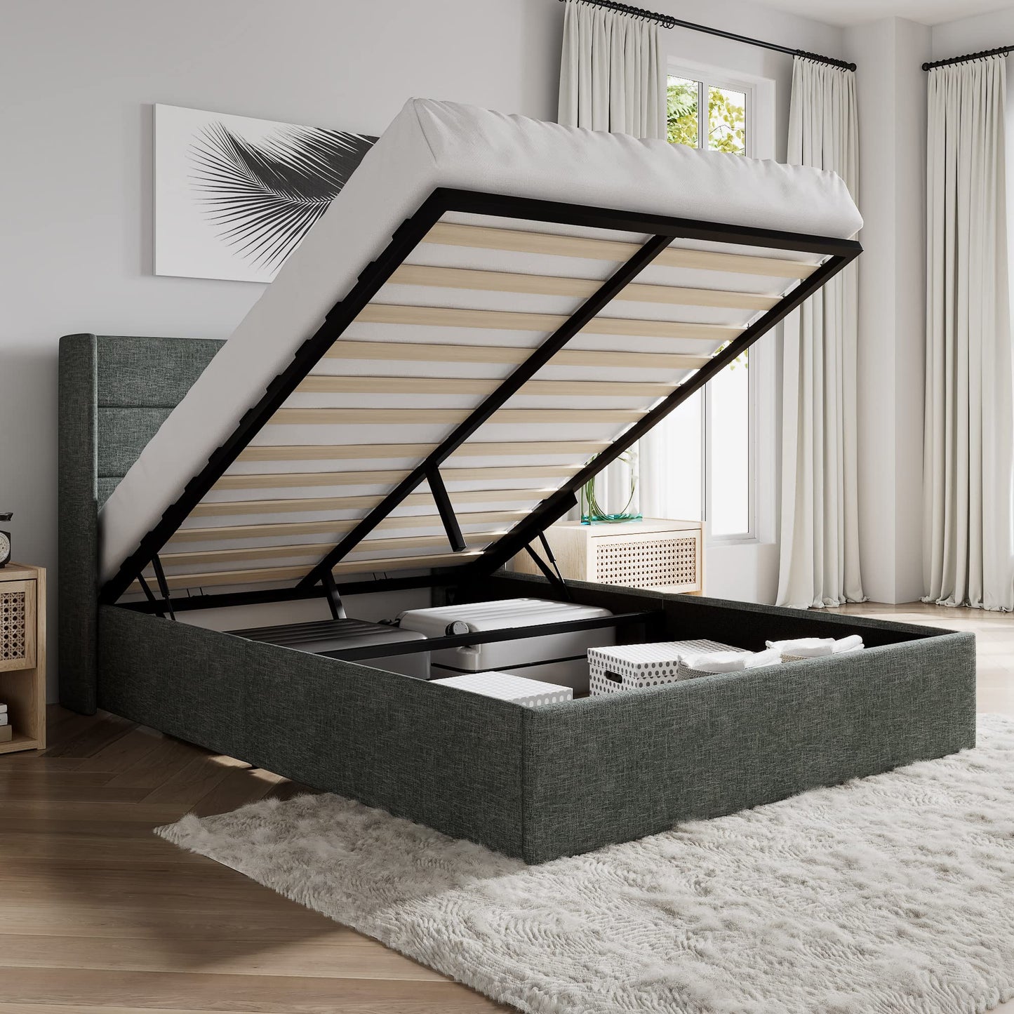SHA CERLIN Full Size Lift Up Storage Bed/Modern Wingback Headboard/Upholstered Platform Bed Frame/Hydraulic Storage/No Box Spring Needed/Wood Slats Support/Dark Grey