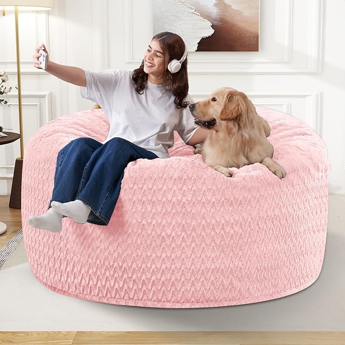 3FT Bean Bag Chair,Giant Bean Bag Chairs for Adults,Big Bean Bags with Memory Foam Filled, Large Beanbag Chairs with Chevron Plush Cover-Soft Pink