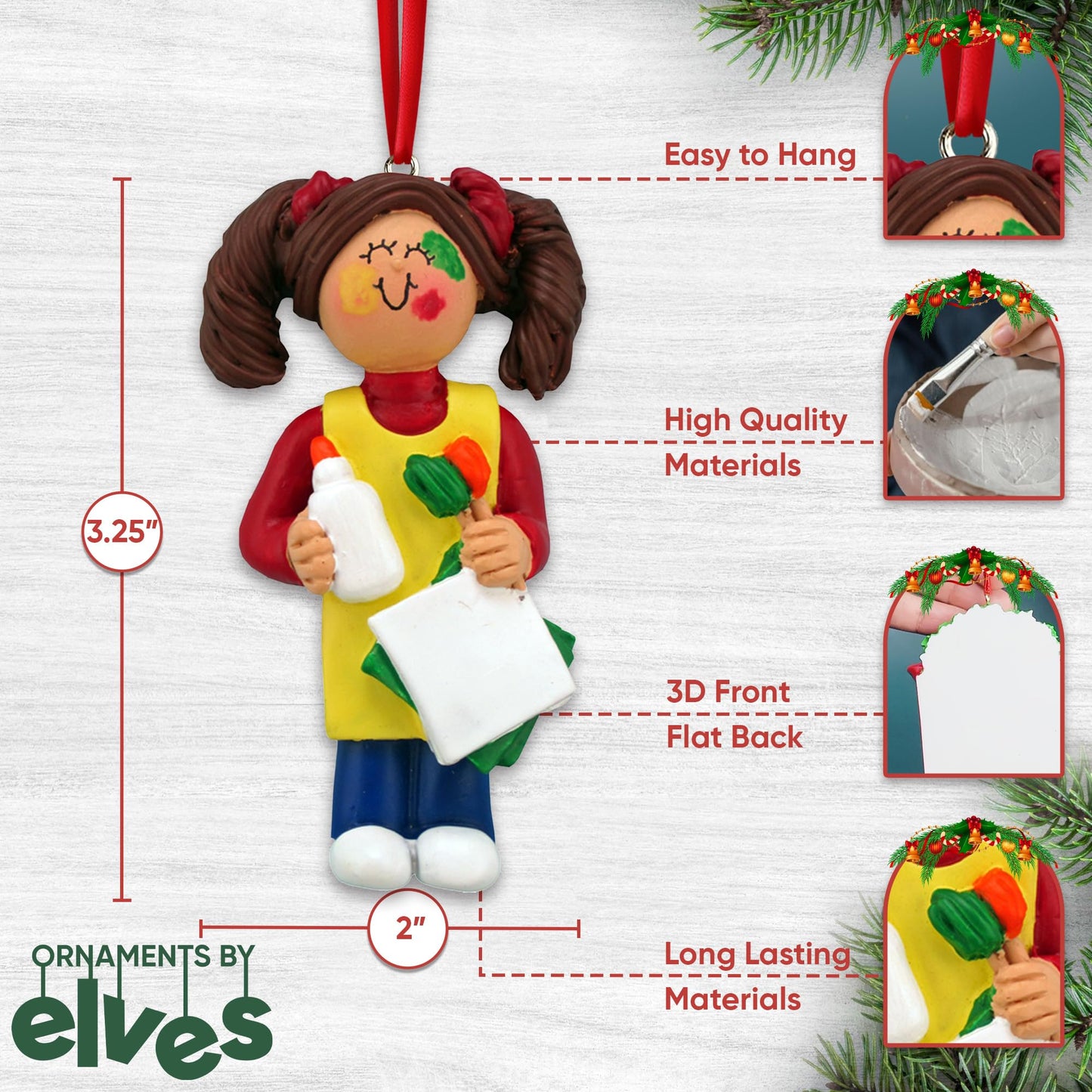 Brunette Personalized Art Ornaments - 2024 Custom Christmas Art Teacher & Girls Ornaments for Tree