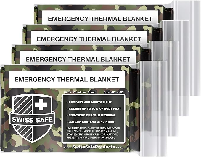 Swiss Safe 4 Pack Mylar Emergency Blankets for Survival - Compact & Insulated for Cold Weather - Designed for NASA, Outdoo...