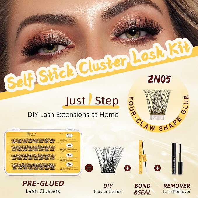 QUEWEL Self Adhesive Eyelashes Natural Look, No Glue Needed Lash Clusters with Eyelash Clusters Tweezer, 32 Pcs Reusable Lashes Self Adhesive for Beginners, DIY Lash Extensions for Home Use(ZN-05)
