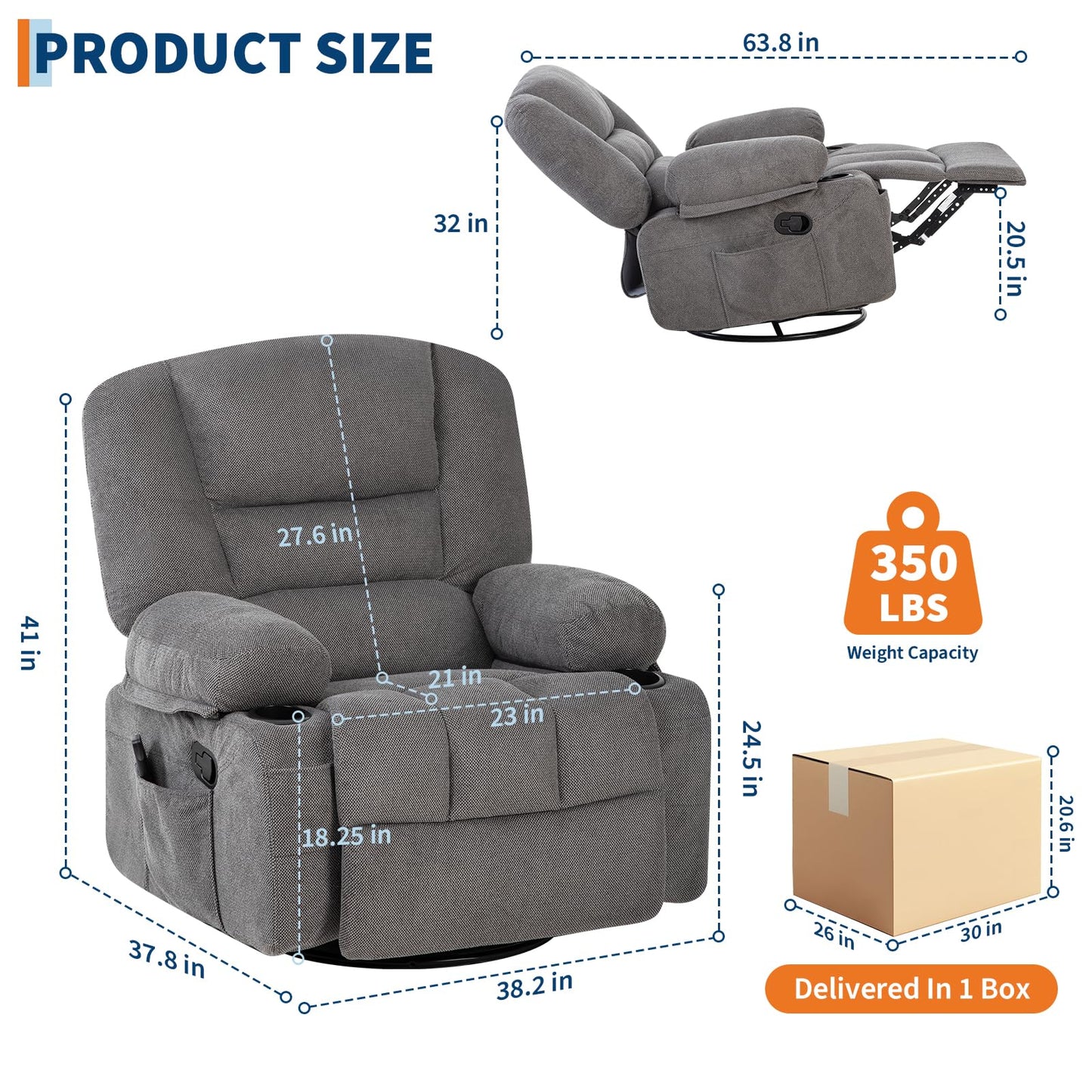 Oversized Wide Recliner Chair with Vibration Massage and Heat, 360° Swivel Recliner Glider for Adults,Chenille Fabric Manual Reclining Single Sofa with Cup Holders & Side Pockets for Living Room,Grey