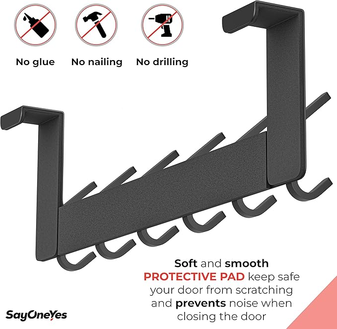 Matte Black Over The Door Hooks – Heavy Duty Stainless Steel Door Hanger with 6 Double Hooks for Hanging Towels, Coats, Robes, Hats, Bags – No Drill Over Door Towel Rack for Bathroom & Bedroom