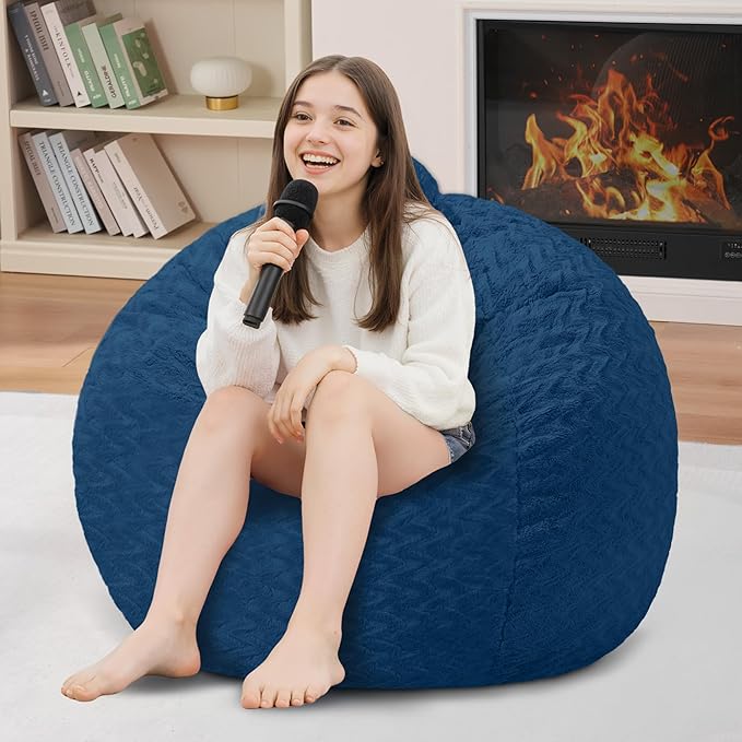 2FT Bean Bag Chair,Giant Bean Bag Chairs for Adults,Big Bean Bags with Memory Foam Filled, Large Beanbag Chairs with Chevron Plush Cover-Blue