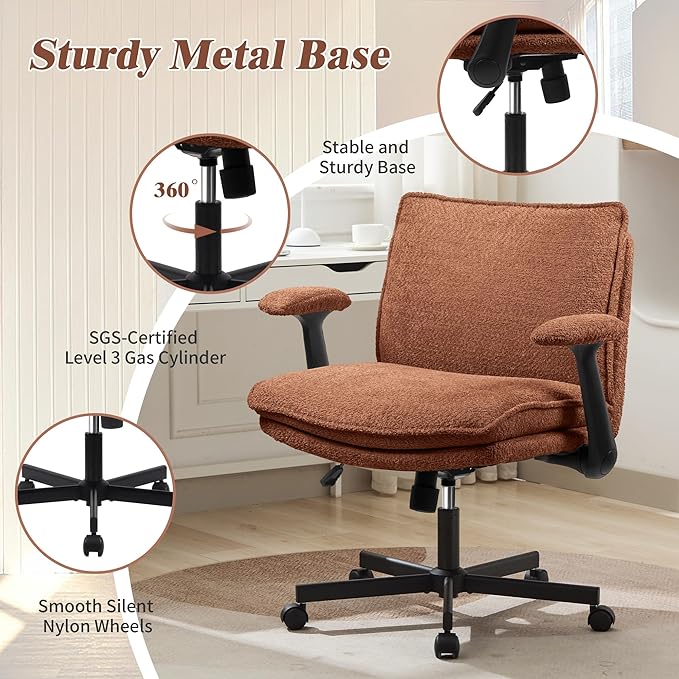 Kassipo Criss Cross Legged Office Chair with Wheels and Flip-Up Arms, Upholstered Criss Cross Desk Chair, Wide Seat Chairs for Home Office, Vanity, Apartment, Orange