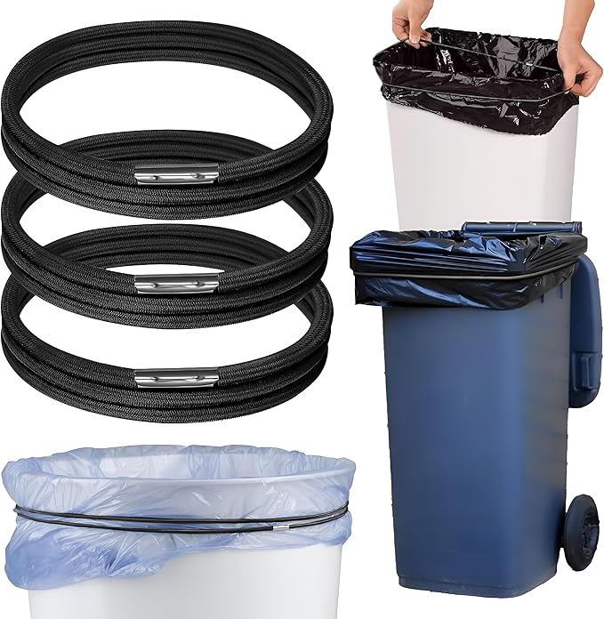 Trash Can Rubber Bands Set of 3 - Elastic Garbage Can Bands with Metal Connector, Fits 13 to 33 Gallon Trash Bags - Gripper Trash Can Bands for Waste Baskets, Black