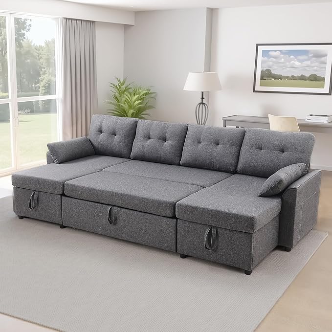 VEVOR U Shaped Sofa Bed, Convertible Sofa Bed with 2 Side Pockets, 2 Pillows and Double Chaise, 6-Seat Pull Out Sleeper Couch with Large Storage Capacity for Living Room, Apartment, Metal Frame, Gray