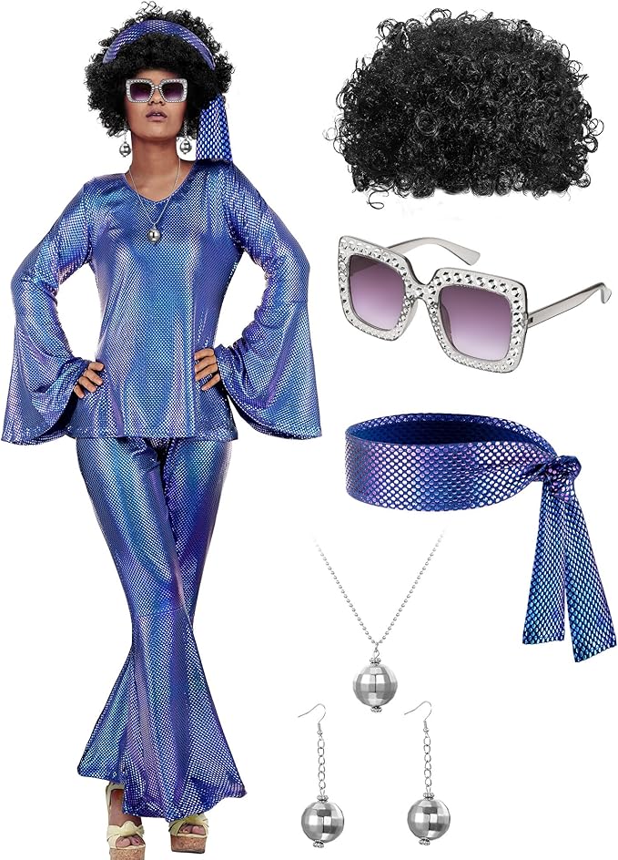 Jexine 70s Women Disco Outfit Costume Disco Party Top Pants Sunglasses Ball Necklace Earring Wig for Halloween New Year Eve