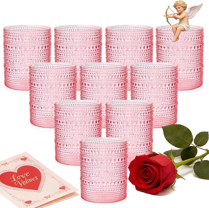 YOUBET 24PCS Plastic Drinking Glasses - 14OZ Pink Hobnail Drinkware Glasses - Vintage Glassware Textured Beaded Cups for W...