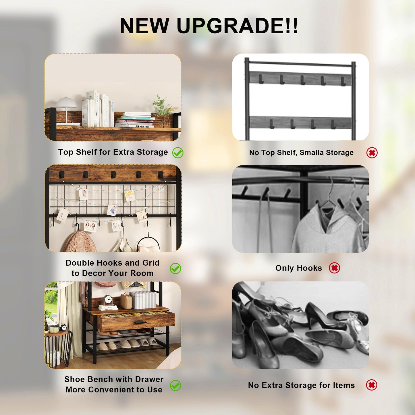 Recaceik Hall Tree, Entryway Coat Rack with Drawer, Industrial 5 in 1 Entryway Bench with Storage Shoe Rack and 12 Hooks, Freestanding Home Organizer with Shelf & Grid Panel, Anti-Dumping