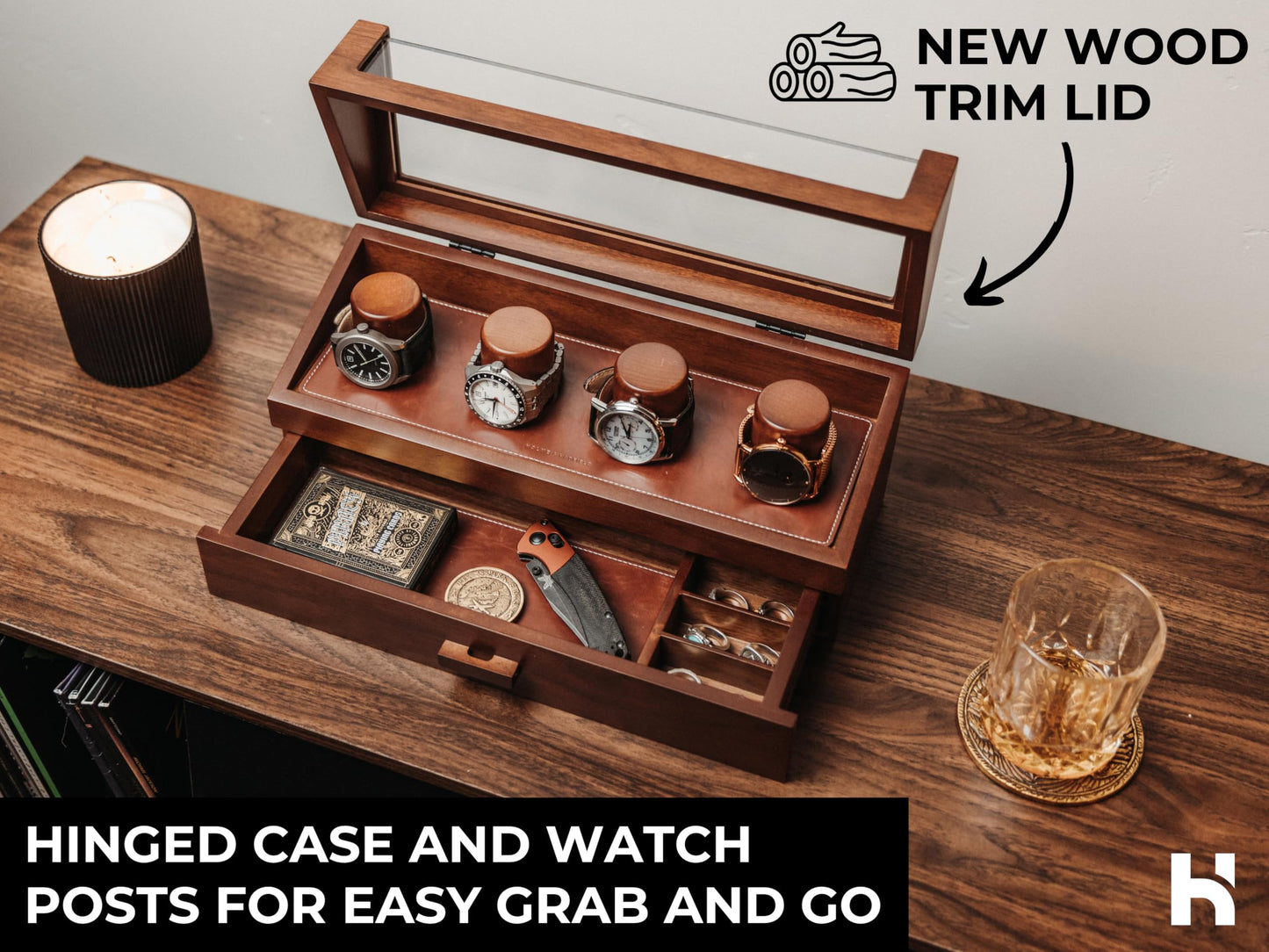 Premium 4 Slot Watch Box for Men (2026 Upgraded) – Wooden Watch Display Case with Hinged Wood Cover, Leather Lining & Drawer – Watch Organizer Stand – Handcrafted Luxury Father's Day Present for Men