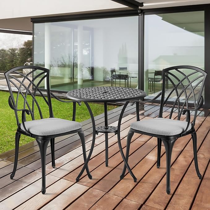 Withniture Patio Bistro Sets Cast Aluminum Bistro Table and Chairs Set of 2 with Umbrella Hole,Outdoor Bistro Set with Cushion for Yard (BLACK1)