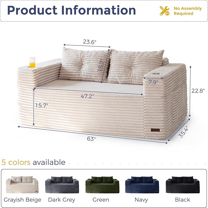 MAXYOYO 63" Boneless Loveseat Sofa Couch for Small Spaces, Mini Love Seat Floor Couch with Cup Holders and Pillows, 2-Seater Upholstered Cloud Couch for Bedroom Apartment, No Assembly Required