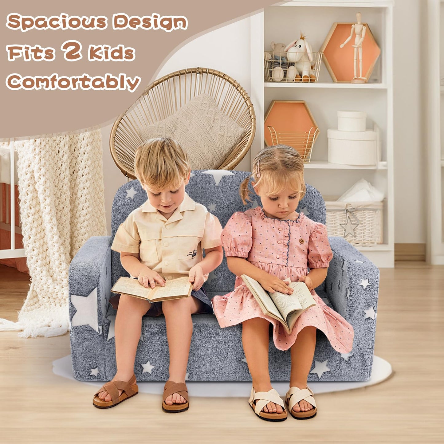 Foryoomi Extra Wide Kids Couch, 2-in-1 Soft Toddler Couch with Blanket, Glow in The Dark, Comfy Toddler Chair with Cloud Pillow, Convertible Sofa to Lounger, Star