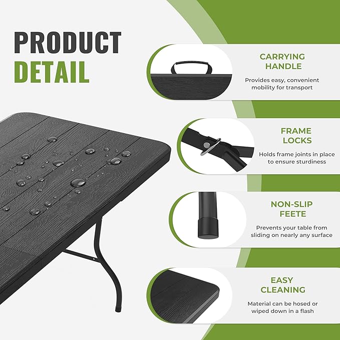 RootRise 8Ft Plastic Folding Table Heavy Duty Portable Folding Tables 400 lbs, Wood Grain Tabletop for Working Meeting Parties, Picnic, Camping, Garden Dining (Black)
