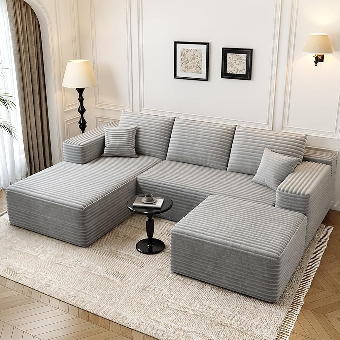 107.5" Cloud Modular Sectional Couch with 1 Ottoman,Modern Minimalist Upholstered Couches, Comfort U Shaped Sofa for Living Room,Deep Seat Corner Couch，No Assembly Required (Grey,Left Facing Chaise)
