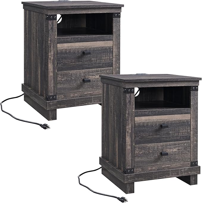 RedLemon Farmhouse Nightstand Set of 2 with Charging Station, 18" Rustic Night Stand with 2 Storage Drawers, Wood End Table for Bedroom, Living Room, Dark Rustic Oak
