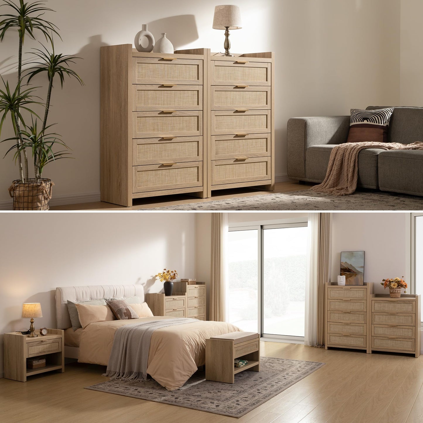 SICOTAS Dresser for Bedroom Chest of Drawers 46" Tall Dresser for Closet with 5 Rattan Drawers Boho Night Stand Large Clothes Storage Cabinet for Living Room Hallway Nursery Entryway