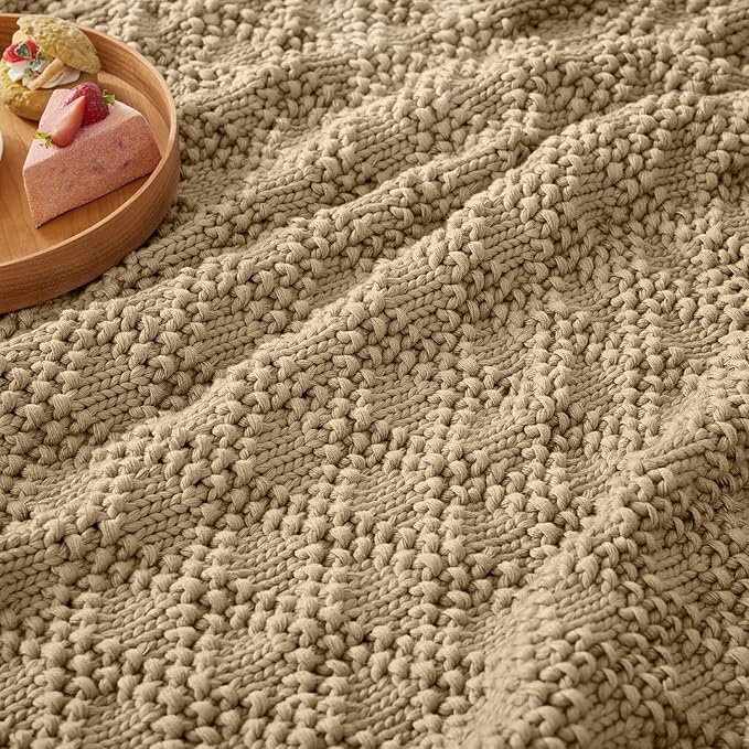 Knitted Weighted Blanket for Adult, Chunky Knit Weighted Throw for Sleep 60"*80" 15lbs, Cooling Breathable Machine Washable Fall Heavy Blanket for Room Decor (Beige, Queen)