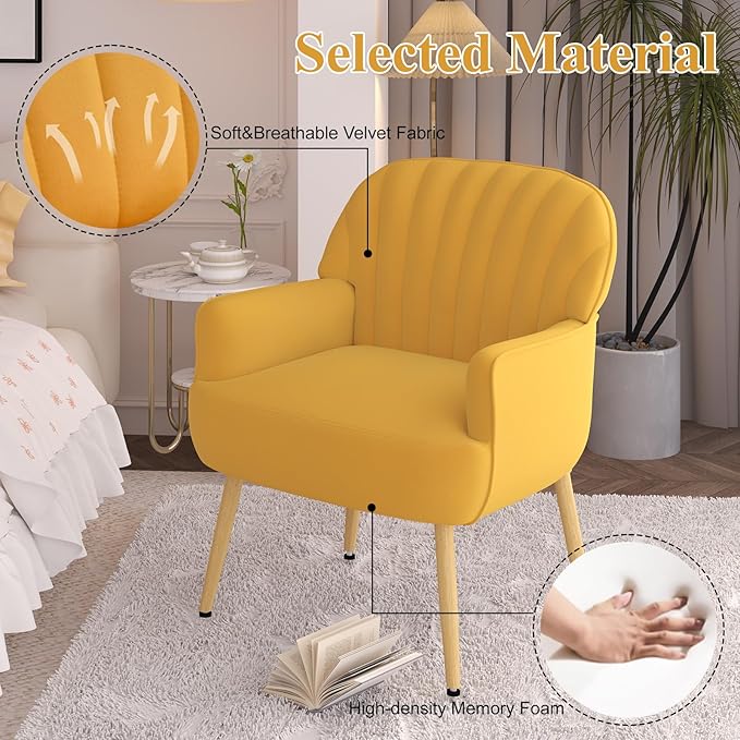 Holiway Velvet Accent Chair, Mid Century Modern Accent Chairs for Living Room, Comfy Upholstered Armchair with Metal Legs for Bedroom/Apartment/Office/Waiting Room, Yellow