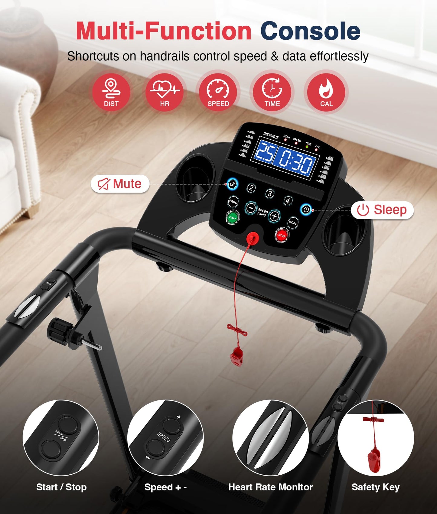 Redliro Treadmill for Seniors with Long Handrails - 300 lb Capacity, 0%-2% Incline, Foldable Compact Rehab Walker with Screen-Off & Mute Buttons, Wheels, Cup/Phone Holder for Home Apartment Exercise