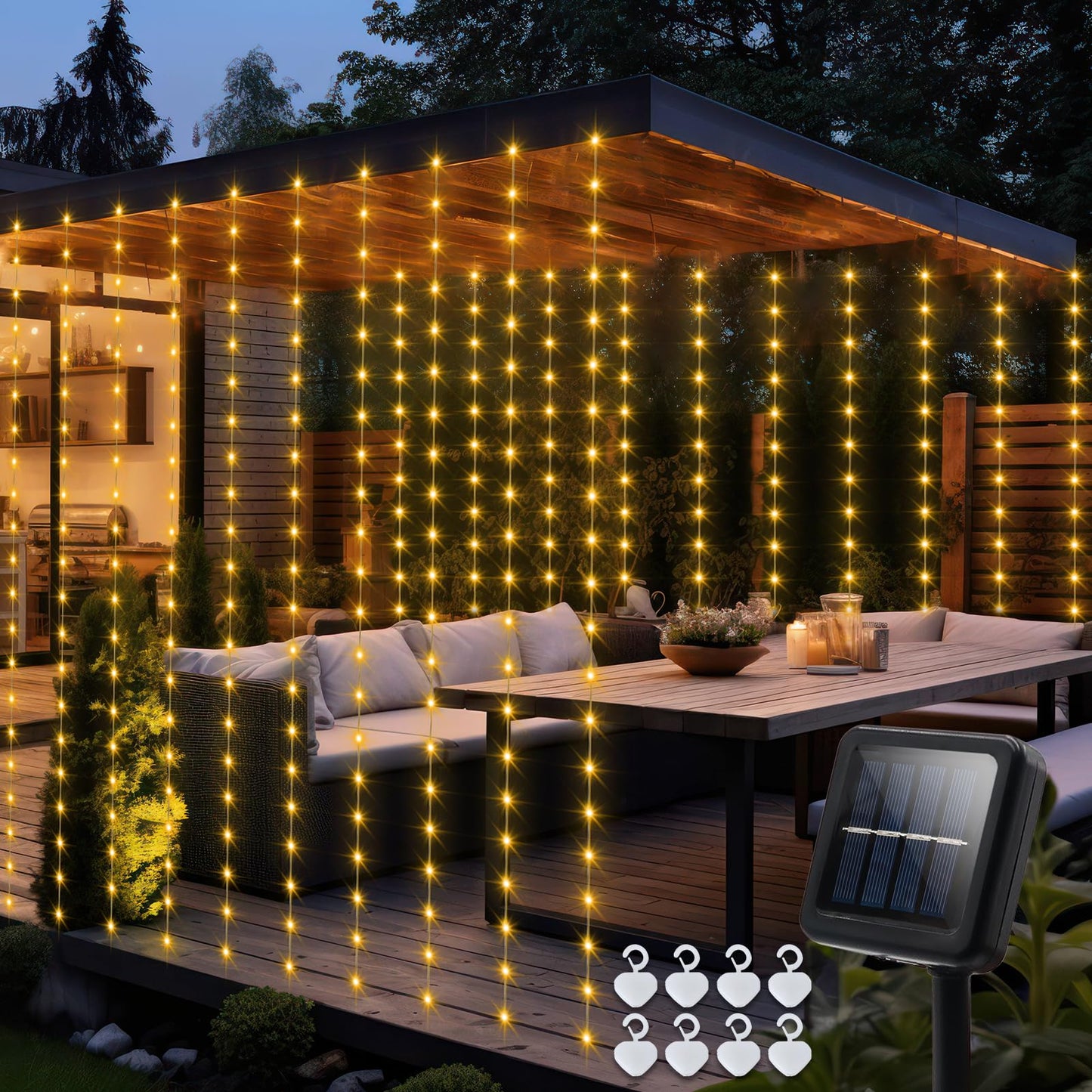 Solar Curtain Lights 7.9ft x 6ft 144 LED Outdoor Curtain Lights Waterproof with Timer 8 Modes for Christmas Garden Patio Fence Wedding Wall Window Gazebo Decor - Warm White