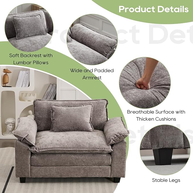 Oprisen Modular Sectional Sofa, Comfy Cloud Couch Sectional Sofa, Chenille Sofa Sleeper Deep Seat Sofa with Throw Pillows for Living Room (Light Gray, 53"- Single Seat)