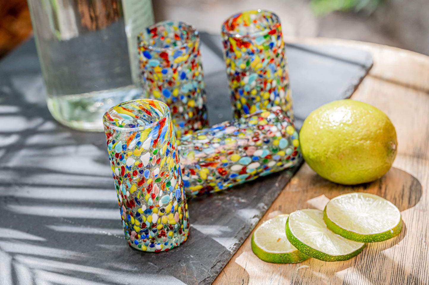 MEXTEQUIL - Authentic Mexican Tequila Shot Glasses - Tequila Set of shot glasses - 4 pcs - 2 Oz - Mexican Hand Blown Shot Glass (Confetti)