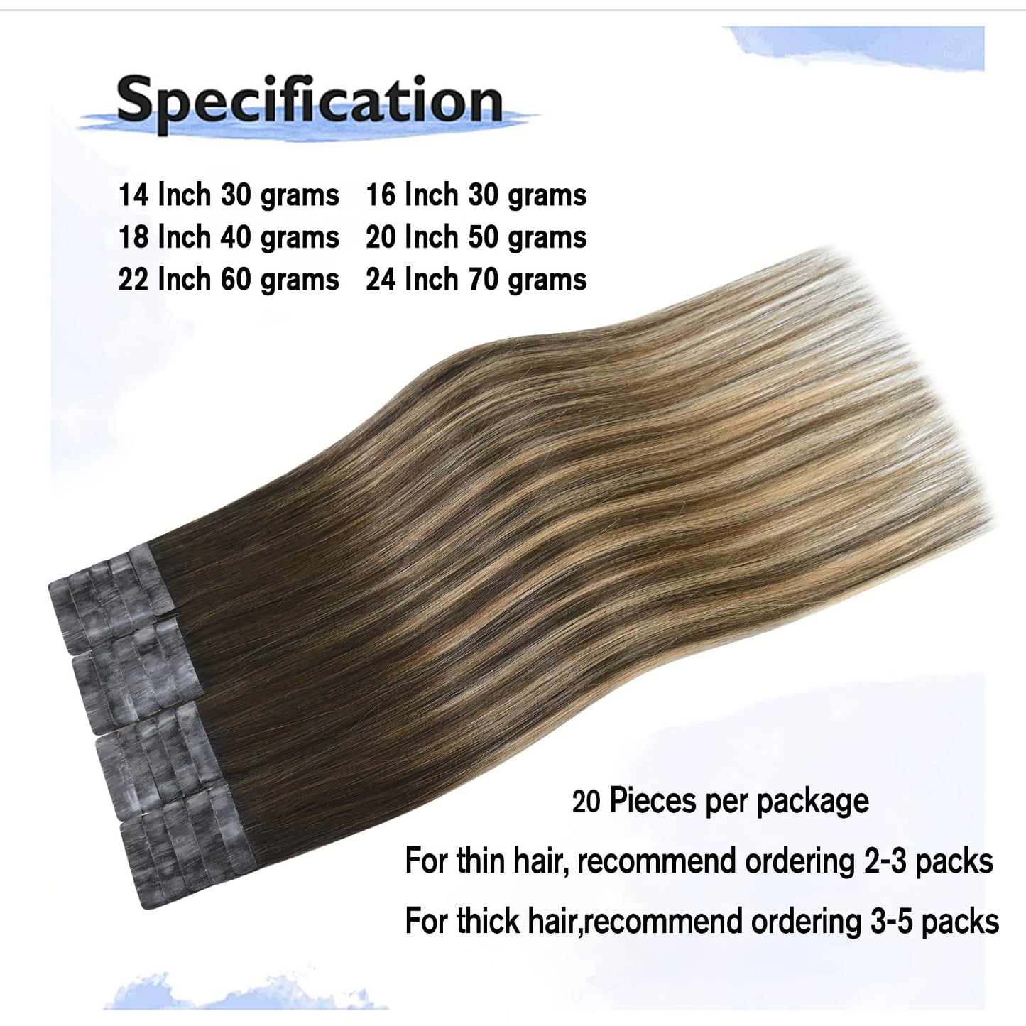Balayage Tape in Hair Extensions Chocolate Brown To Dark Blonde 100% Remy Human Hair Extensions for Women 20 Pcs/Package(22Inch