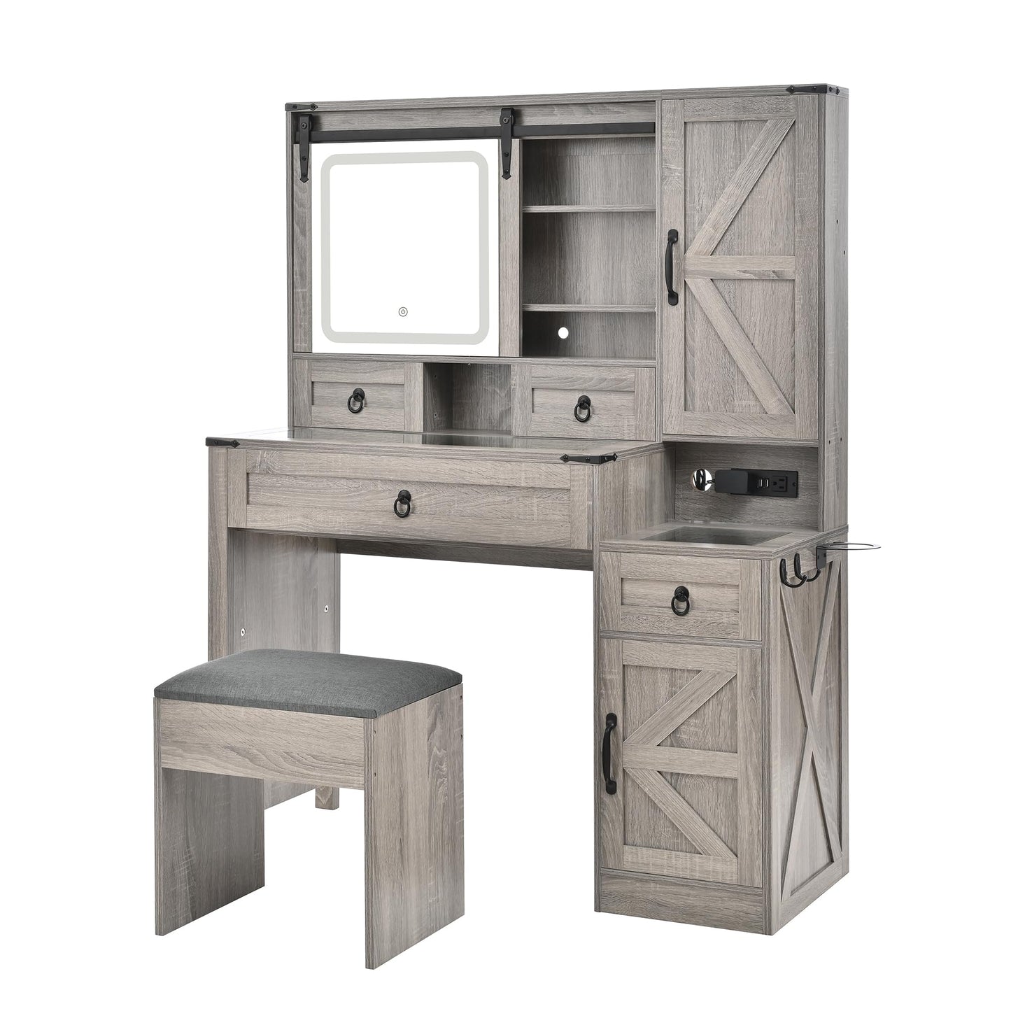 Merax Farmhouse Vanity Desk with Sliding Mirror and Lights, Elegant Dressing Table with Stool for Bedroom, Makeup Vanity Table & Glass Top Drawers and Charging Station, Gray