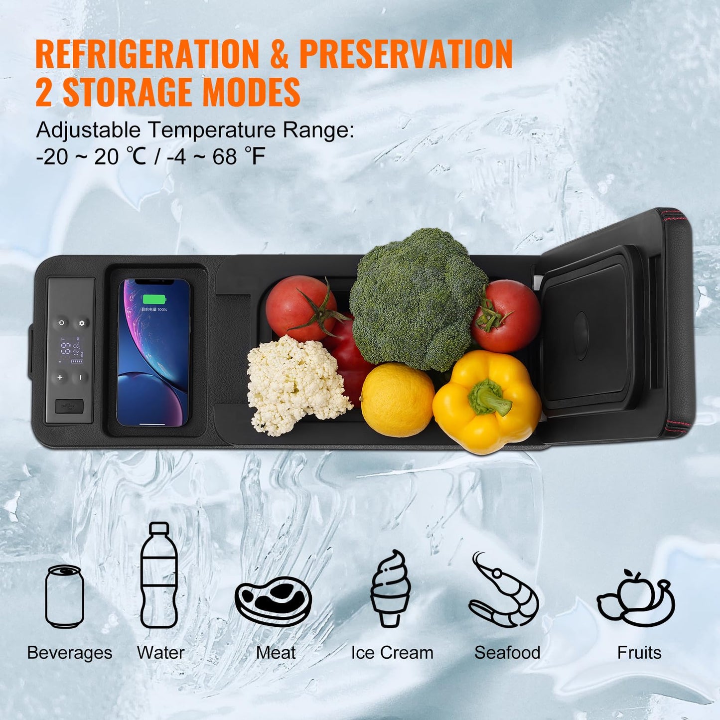 VEVOR Car Refrigerator, 12 Volt Car Armrest Refrigerator Fridge, 8 L Single Zone Portable Freezer, -4℉-68℉ Adjustable Range, 12/24V DC and 100-240V AC Compressor Cooler for Outdoor, Camping