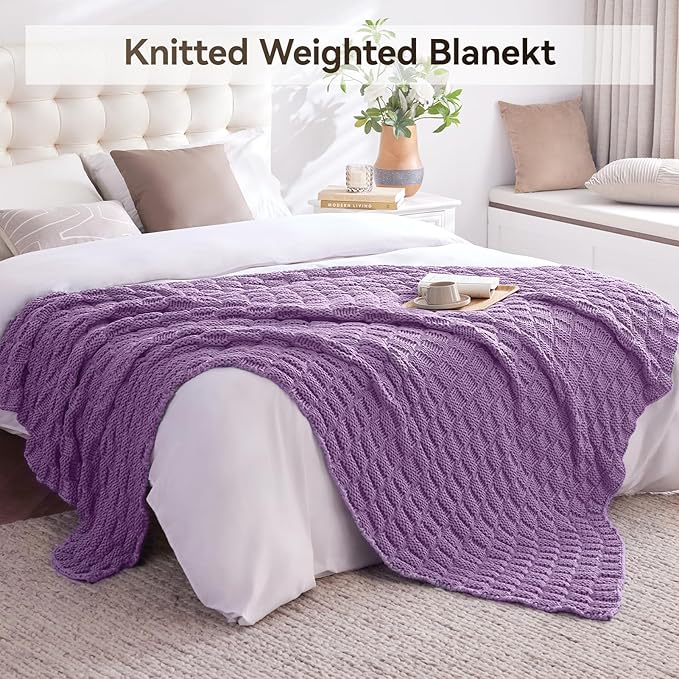Knitted Weighted Blanket Adult, No Beads Heavy Blanket 48” x 72'' 15lbs, Breathable Chunky Knit Blanket, Cooling Weighted Blanket for Hot Sleepers, Christmas Home Decor (Lilac)