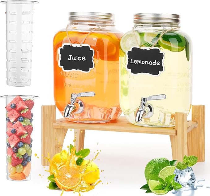 Set of 2 Glass Drink Dispensers for Parties, 1 Gallon Ice Beverage Dispensers with Stand, Juice Dispenser with Fruit Infus...