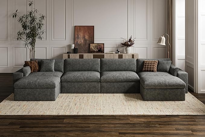 160'' Oversized Boneless Sectional Couches for Living Room, Deepseat Boneless Cloud Modular Sectional Sofa with Ottoman, No Assembly Required L-Shape Cloud Sofa, Plush Fabric, Dark Gray