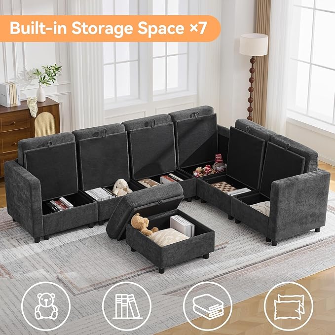 104'' V Shaped Modular Sofa, Sectional Couch with Storage for Living Room, Modern 7 Seater Cloud Sectional Couch with Movable Ottoman, Chenille Dark Grey