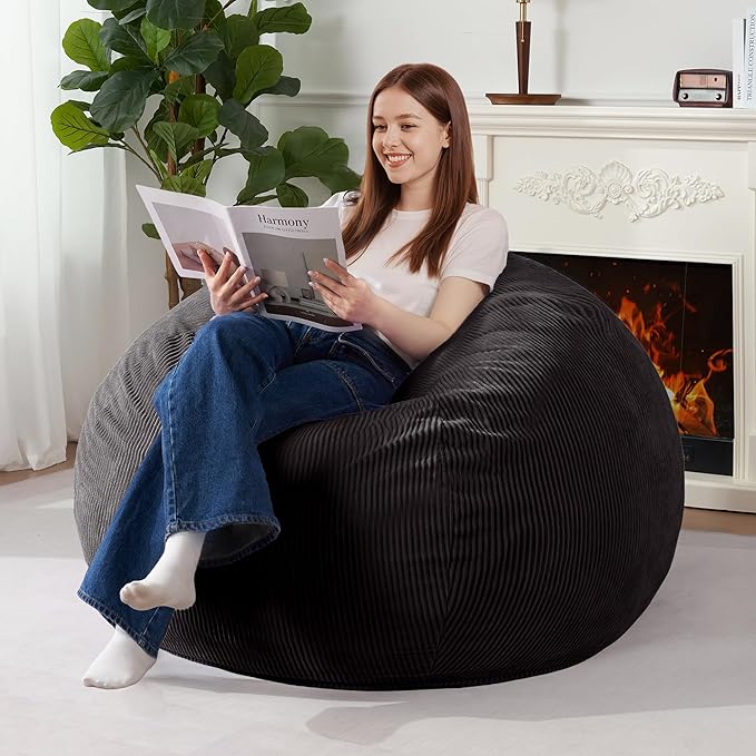 Homguava 4FT Bean Bag Chair for Adults,Teardrop Bean Bags Big Beanbag Chair with Memory Foam Filled and Ultra Soft Removable Corduroy Cover for Living Room, Bedroom (Black)