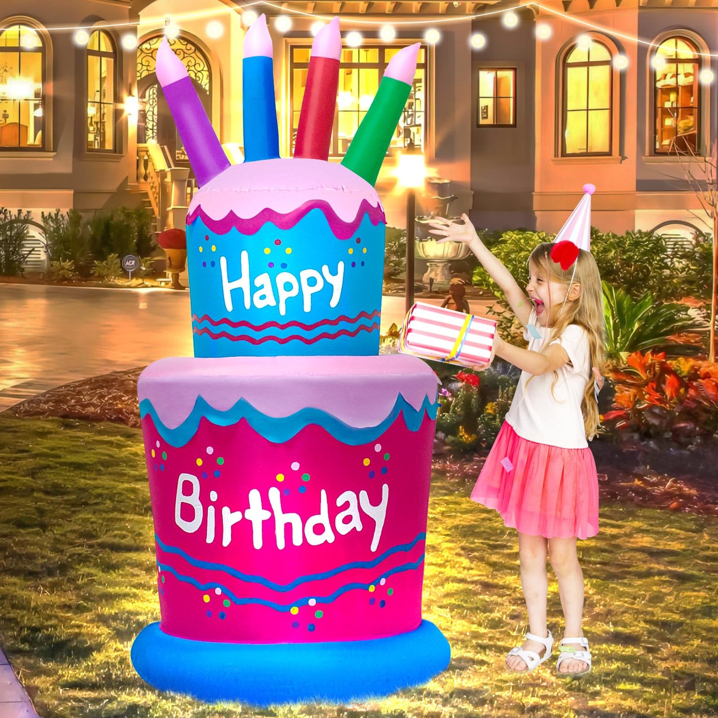 6FT Inflatable Birthday Cake Decoration,Birthday Blow up Cake Outdoor Decor with LED Lights，Light-up Happy Birthday Sign for Yard Lawn, Inflatable Outdoor Holiday Yard Decoration(Blue & Pink)