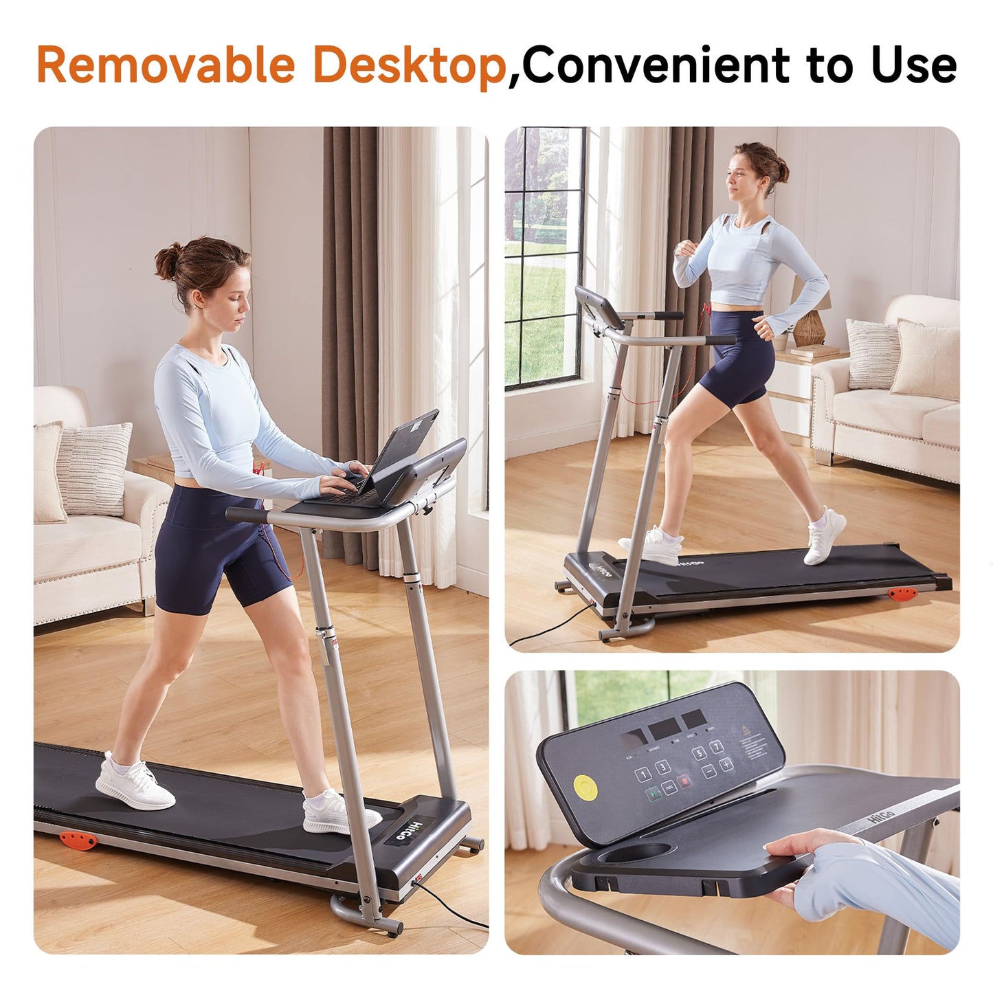 HitGo 2-in-1 Folding Treadmill with Height Adjustable Desk, 8.0 MPH Running Machine, Standalone Workstation Treadmill, Pneumatic Vertical Folding, FitShow/Kinomap, 265lbs Capacity,Black