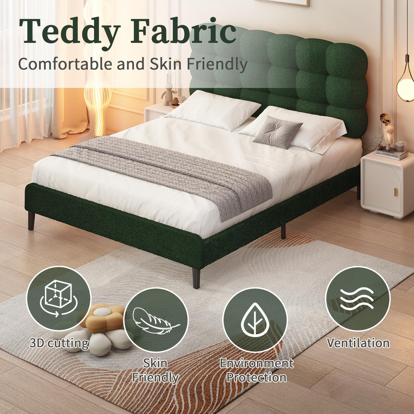 Queen Bed Frame with Upholstered Headboard, Platform Bed with Strong Wooden Slats Support, Two Bed Forms Design, No Boxing Spring Needed, Easy Assembly, Green