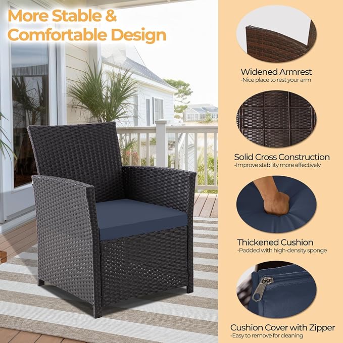 FHFO 4 Piece Outdoor Patio Furniture Sets, Outdoor Sectional Furniture Wicker Conversation Sofa Set for Outside Balcony Porch Backyard (Black-Blue)
