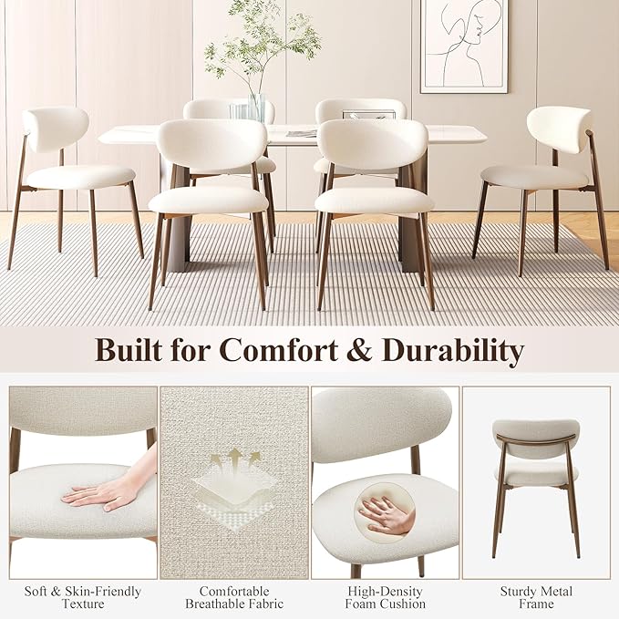 MALOL Dining Chairs Set of 4, Upholstered Dining Room Chairs with Metal Legs and Anti Slip Pads, Curved Back Kitchen Chair for Home and Restaurant Use, Beige