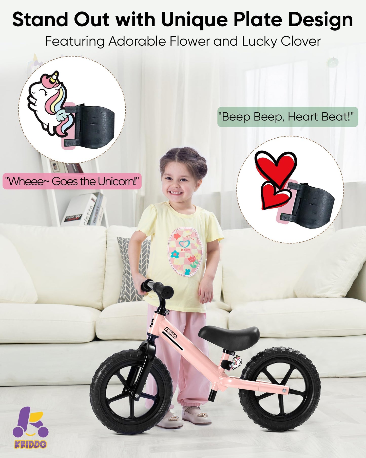 KRIDDO Toddler Balance Bike 2 Year Old, Kids Balance Bike for 2-5 Years Old, Dual Bearing for Smoother Riding, Adorable Plate, Adjustable Seat and Handlebar, Toddler Bike Gifts Age 2-3
