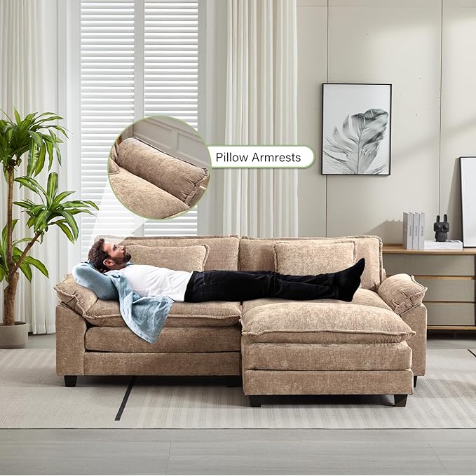 Oprisen 86" Modular Sectional Sofa, Comfy Cloud Couch Sectional Sofa with Ottoman, Chenille Sofa Sleeper Deep Seat Sofa with Throw Pillows for Living Room (Khaki, 86"- L Shape)