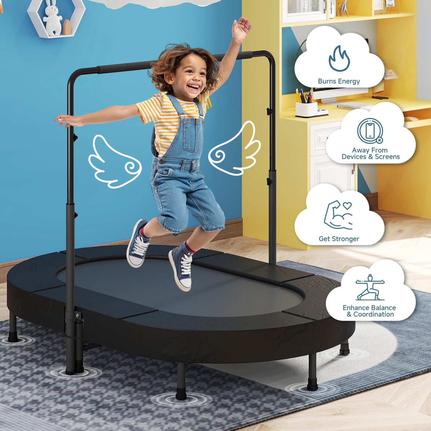 Kiivakii 36"x56" Indoor Trampoline for Kids, Foldable Trampolines with Adjustable Handle, Double Trampolines for Boy and Girl, Kids Exercise Trampoline, Black