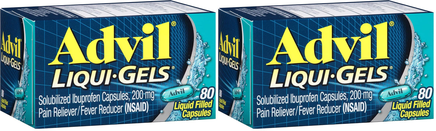 Advil Liqui-Gels Pain Reliever and Fever Reducer, Pain Medicine for Adults with Ibuprofen 200mg for Headache, Backache, Menstrual Pain and Joint Pain Relief - 80 Liquid Filled Capsules(Pack of 2)